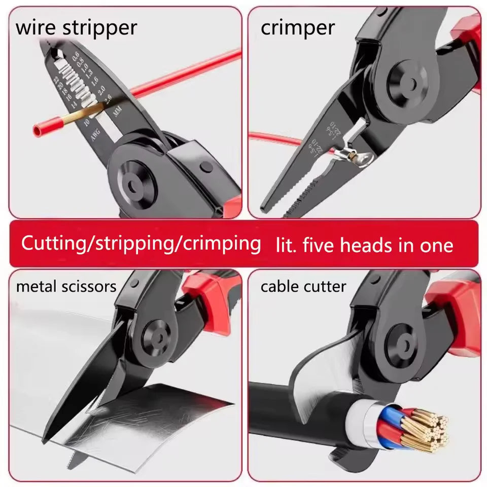 Alicates Multifuncionales 5 en 1 con Cabezales Intercambiables – Herramienta Compacta de Bricolaje