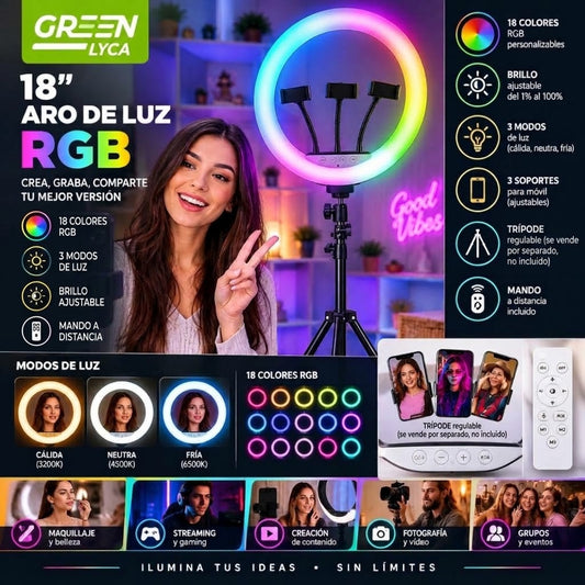 Anillo de Luz LED RGB de 45 cm con Soporte Extensible | Vídeos y Fotos Impecables