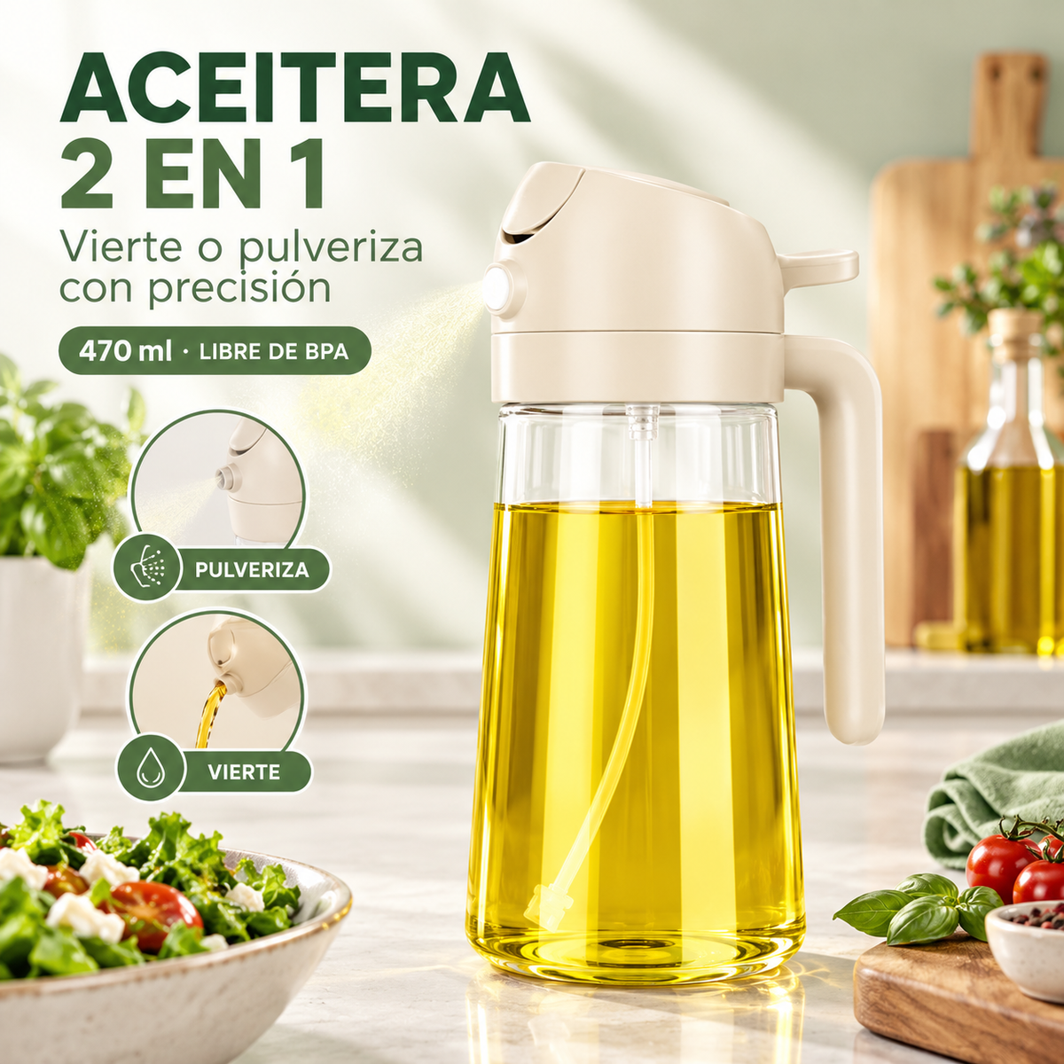 Aceitera y Pulverizador de Aceite 2 en 1 | Control de Dosis y Antigoteo