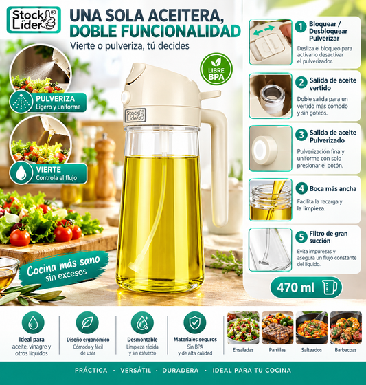 Aceitera y Pulverizador de Aceite 2 en 1 | Control de Dosis y Antigoteo