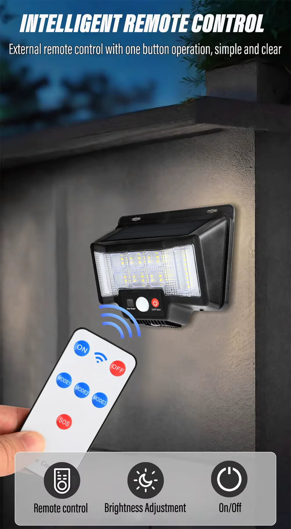 Foco Solar Exterior 75 LED con Sensor de Movimiento y Luz RGB + Mando