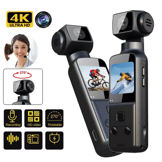 Cámara 4K de Bolsillo – WiFi, Pantalla Giratoria 270°, Estabilización y Grabación en Movimiento