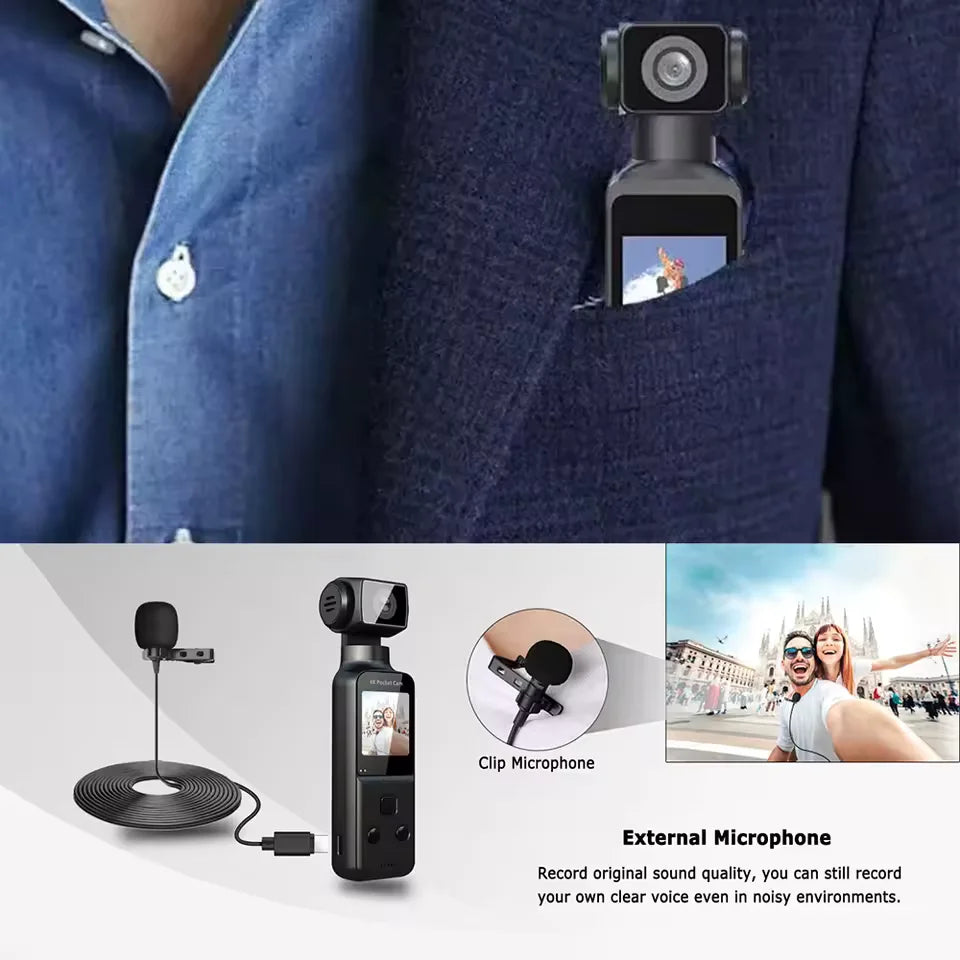 Cámara 4K de Bolsillo – WiFi, Pantalla Giratoria 270°, Estabilización y Grabación en Movimiento