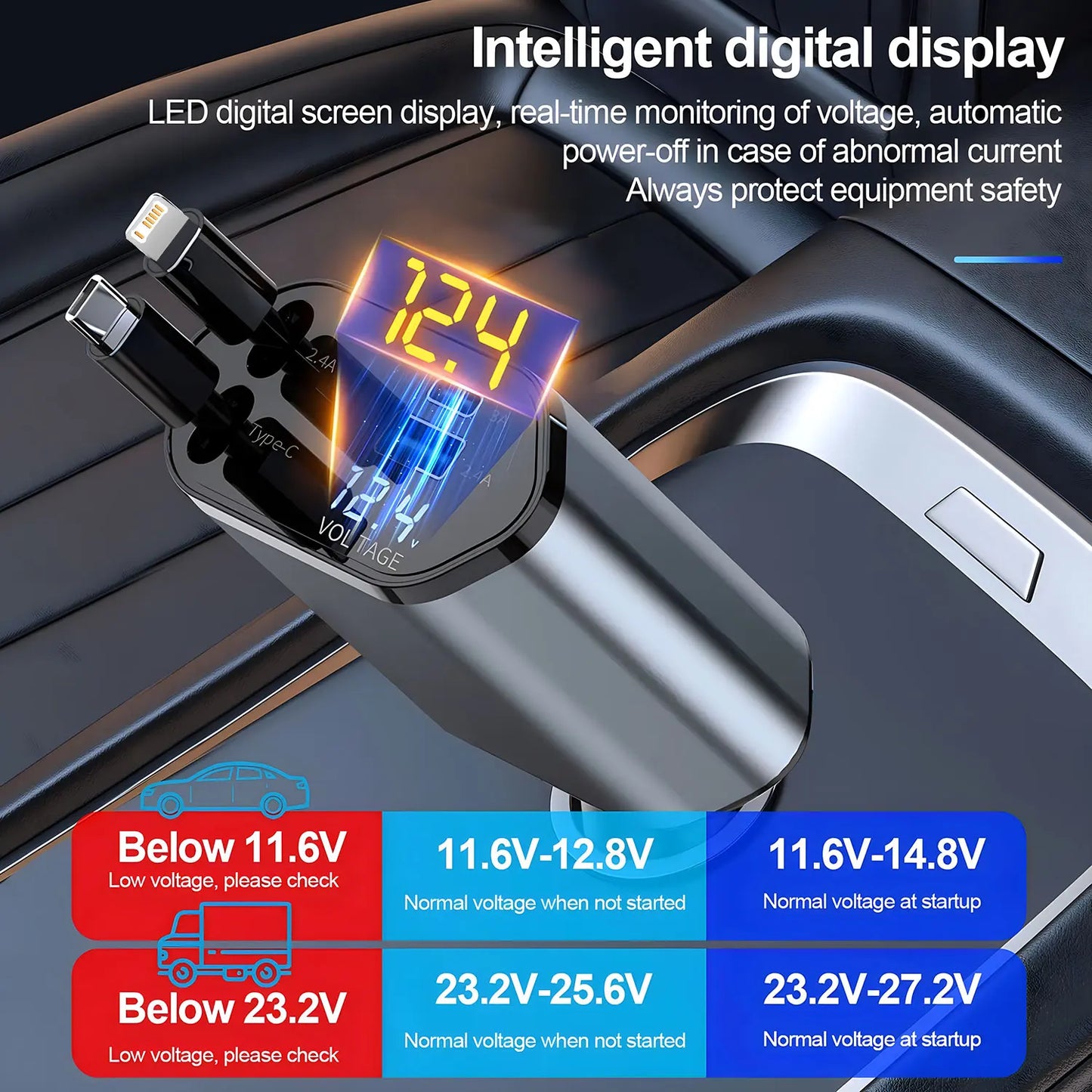 Cargador de Coche Klack 4 en 1 120W Retráctil USB
