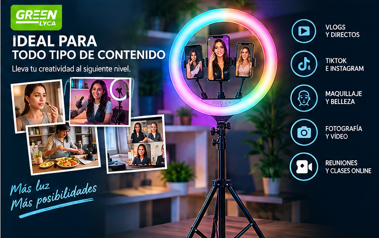 Anillo de Luz LED RGB de 45 cm con Soporte Extensible | Vídeos y Fotos Impecables