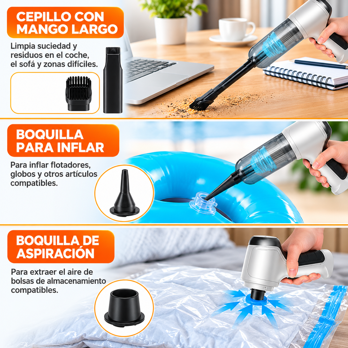 Mini Aspirador de Mano Inalámbrico 4 en 1 – 120W | 9000Pa | Recargable USB