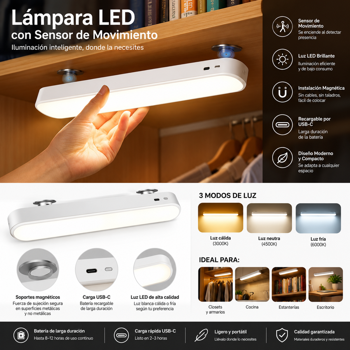 Tira LED con Sensor de Movimiento Recargable – Iluminación Automática para Armarios, Pasillos y Escaleras