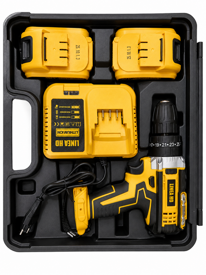 Kit de Taladro Percutor Inalámbrico 21V con 2 Baterías y Maletín Completo de Herramientas