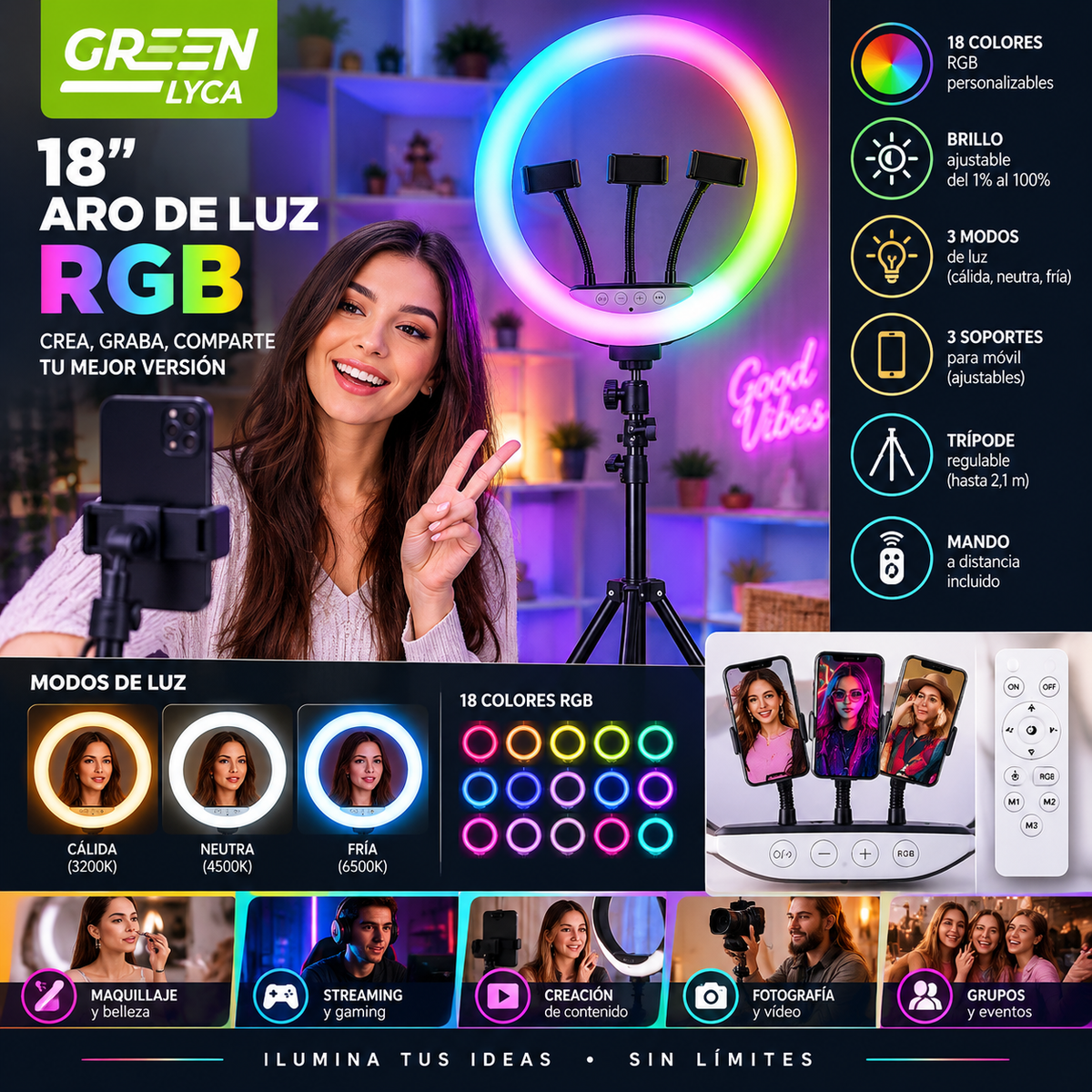 Anillo de Luz LED RGB de 45 cm con Soporte Extensible | Vídeos y Fotos Impecables