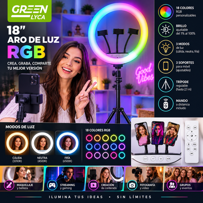 Anillo de Luz LED RGB de 45 cm con Soporte Extensible | Vídeos y Fotos Impecables