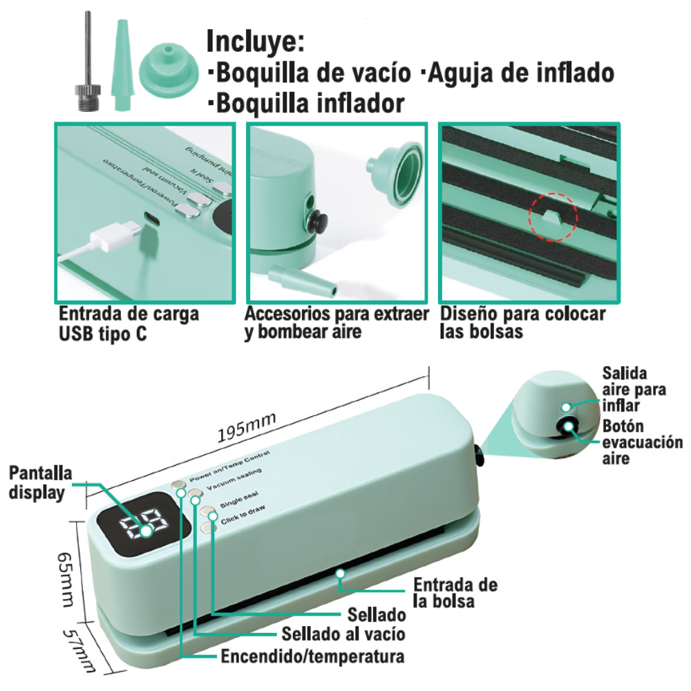 Selladora Térmica de Alimentos Multifunción: Envasado al Vacío, Sellado e Inflado