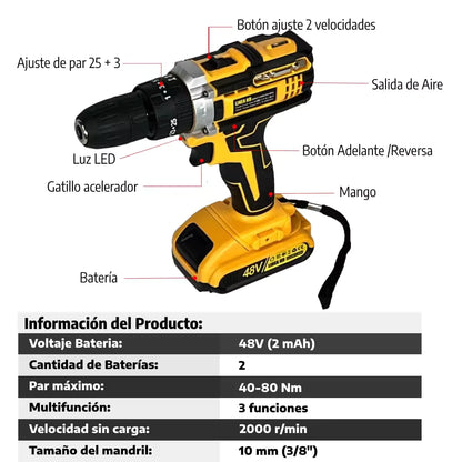 Kit de Taladro Percutor Inalámbrico 21V con 2 Baterías y Maletín Completo de Herramientas