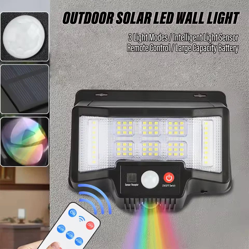 Foco Solar Exterior 75 LED con Sensor de Movimiento y Luz RGB + Mando - innovagizmo.com