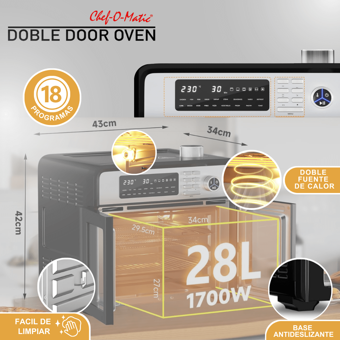 Horno Chef O’Matic 12 en 1 de 28L con Cocción por Aire 360° y Doble Puerta - innovagizmo.com