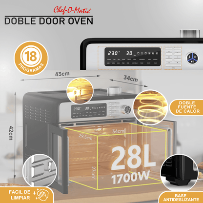 Horno Chef O’Matic 12 en 1 de 28L con Cocción por Aire 360° y Doble Puerta - innovagizmo.com
