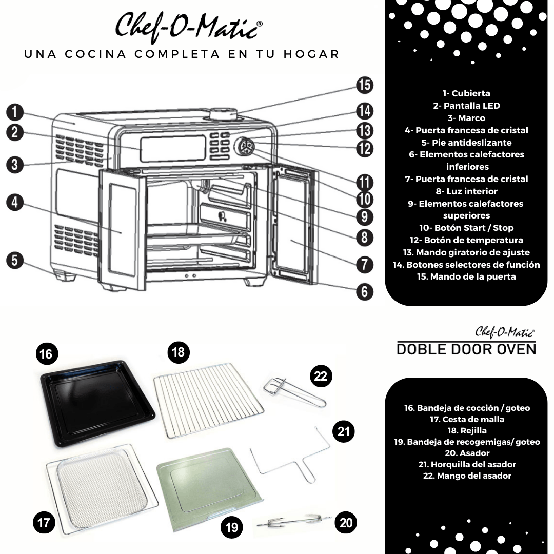 Horno Chef O’Matic 12 en 1 de 28L con Cocción por Aire 360° y Doble Puerta - innovagizmo.com