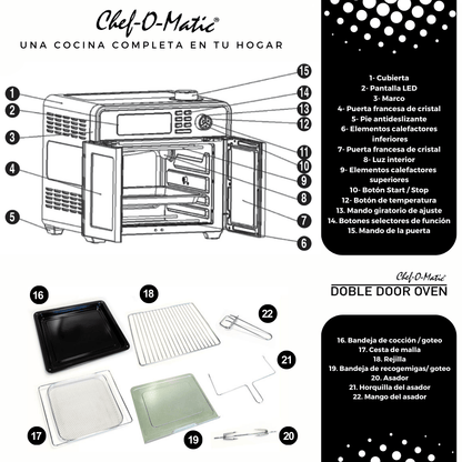 Horno Chef O’Matic 12 en 1 de 28L con Cocción por Aire 360° y Doble Puerta - innovagizmo.com