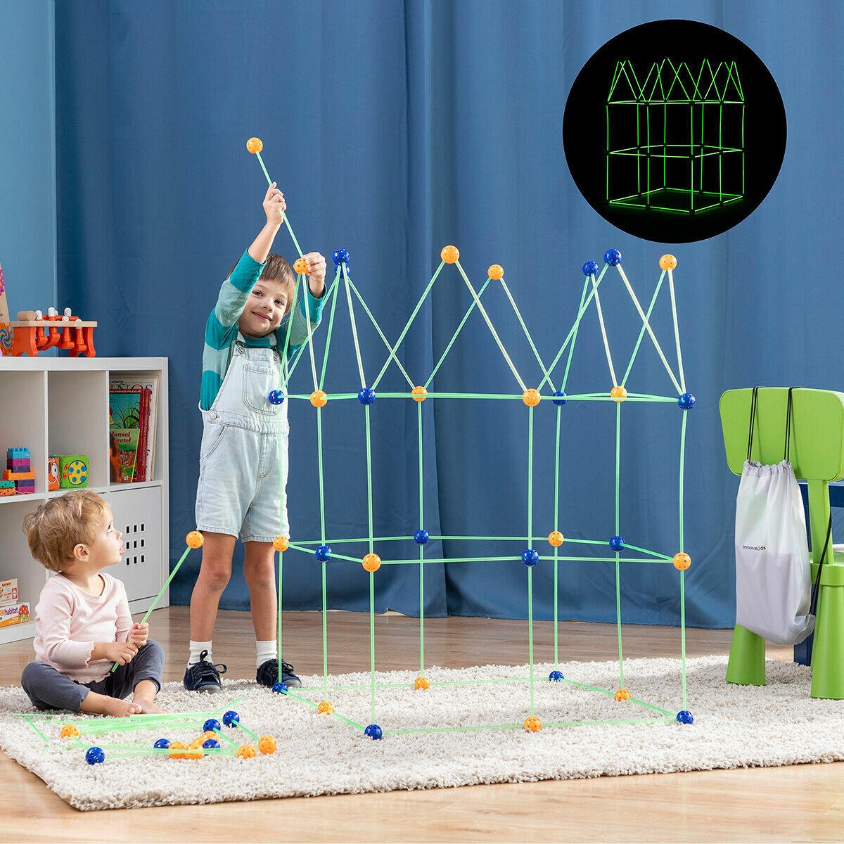 Kit de Construcción de Fuertes para Niños Builkitt InnovaGoods con 155 Piezas y Varillas Fluorescentes - innovagizmo.com