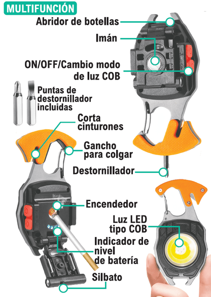 Mini Herramienta Multifunción con LED COB, Silbato de Emergencia y Corta Cinturones - innovagizmo.com