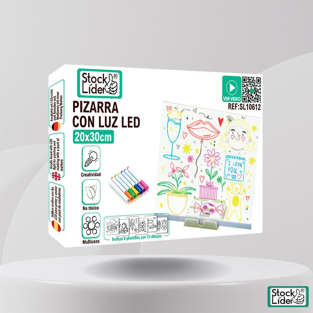 Pizarra con Luz LED 20x30 cm StockLíder | Pizarra Acrílica con Rotuladores y Plantillas - innovagizmo.com