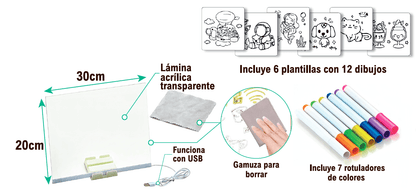 Pizarra con Luz LED 20x30 cm StockLíder | Pizarra Acrílica con Rotuladores y Plantillas - innovagizmo.com