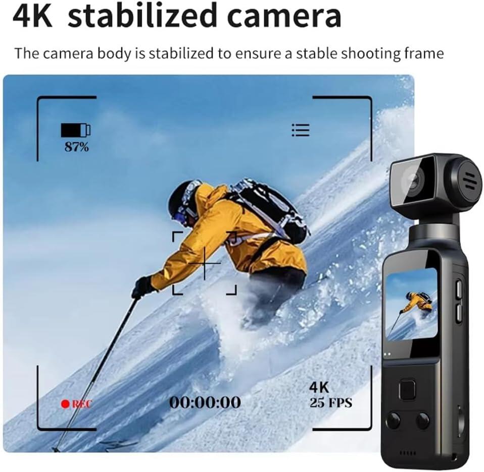 Cámara 4K de Bolsillo – WiFi, Pantalla Giratoria 270°, Estabilización y Grabación en Movimiento