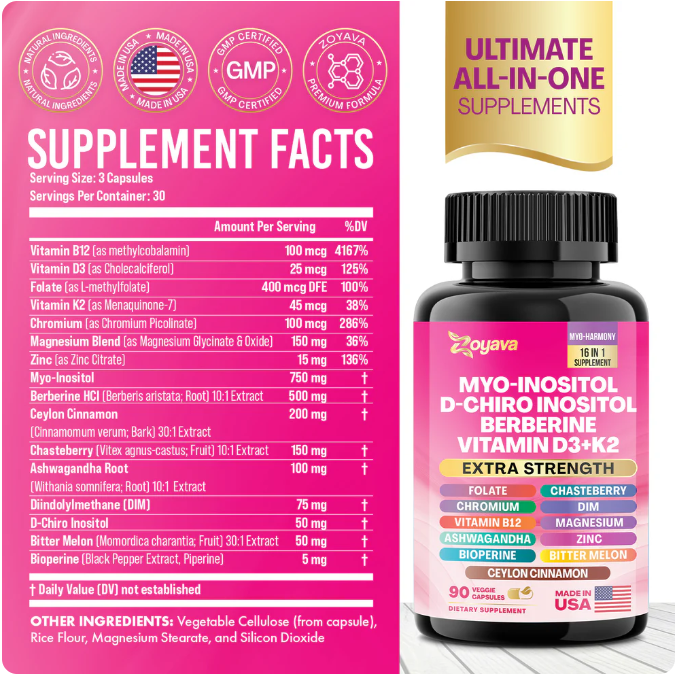 Suplemento Myo-Inositol + D-Chiro + Berberina + D3 y K2 para Mujer – 90 Cápsulas