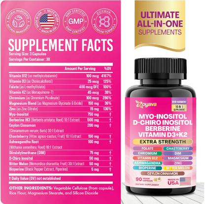 Suplemento Myo-Inositol + D-Chiro + Berberina + D3 y K2 para Mujer – 90 Cápsulas