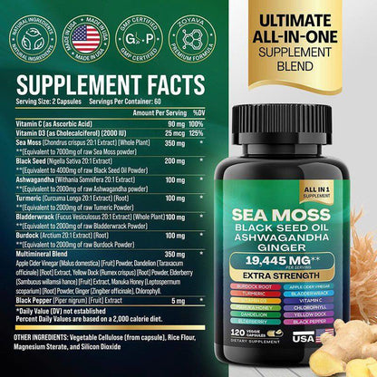 Suplemento Natural 3 en 1 con Sea Moss, Aceite de Semilla Negra y Ashwagandha – Vitalidad, Inmunidad y Calma Mental