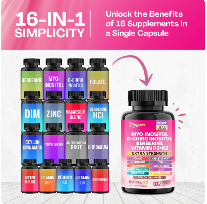 Suplemento Myo-Inositol + D-Chiro + Berberina + D3 y K2 para Mujer – 90 Cápsulas