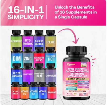 Suplemento Myo-Inositol + D-Chiro + Berberina + D3 y K2 para Mujer – 90 Cápsulas