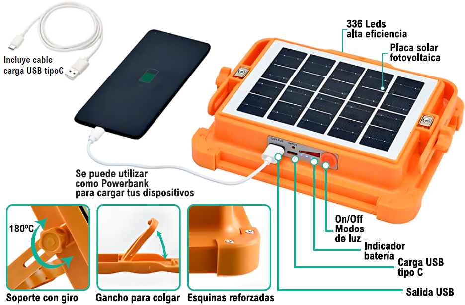 Foco LED Solar 100W con 336 LEDs y 2800 Lúmenes – Powerbank y Carga Solar