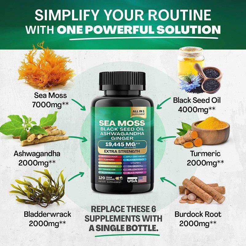 Suplemento Natural 3 en 1 con Sea Moss, Aceite de Semilla Negra y Ashwagandha – Vitalidad, Inmunidad y Calma Mental