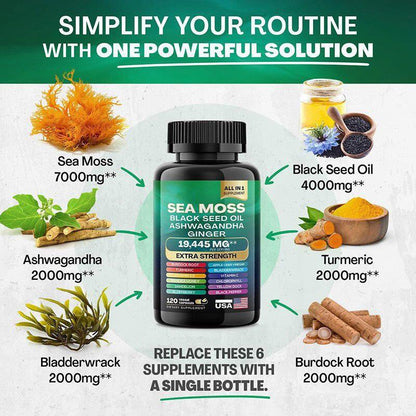 Suplemento Natural 3 en 1 con Sea Moss, Aceite de Semilla Negra y Ashwagandha – Vitalidad, Inmunidad y Calma Mental