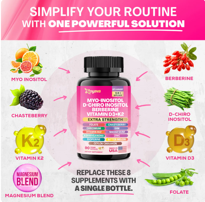 Suplemento Myo-Inositol + D-Chiro + Berberina + D3 y K2 para Mujer – 90 Cápsulas