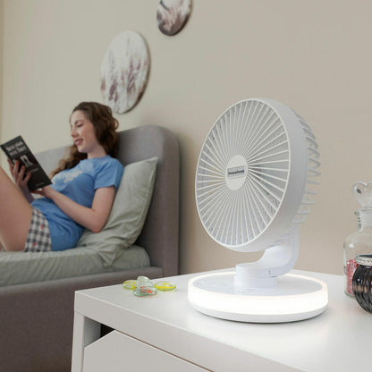Ventilador de Escritorio Recargable con Luz LED – Silencioso, Portátil y Oscilante