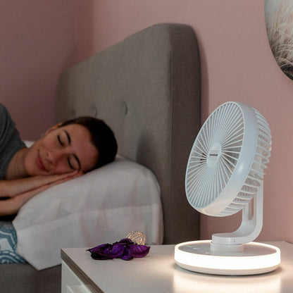 Ventilador de Escritorio Recargable con Luz LED – Silencioso, Portátil y Oscilante - innovagizmo.com